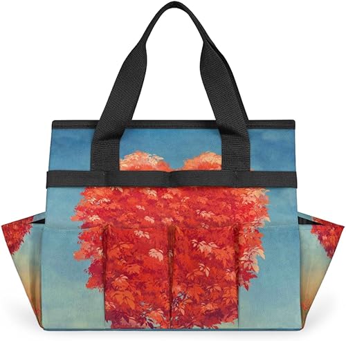 Heart Maple Tree Flower Garden Tool Tote Bag for Women Men Gardening Tool Storage Bags with 10 Pockets Standable Garden Home Tool Kits Organizer for