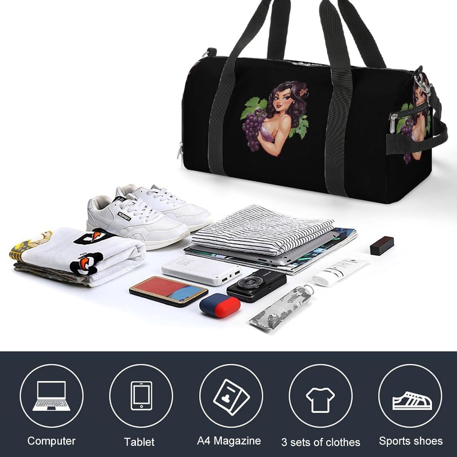 Pinup Grapes Duffle Bag Waterproof Gym Tote Bags Travel Overnight Bags with Shoes Compartment
