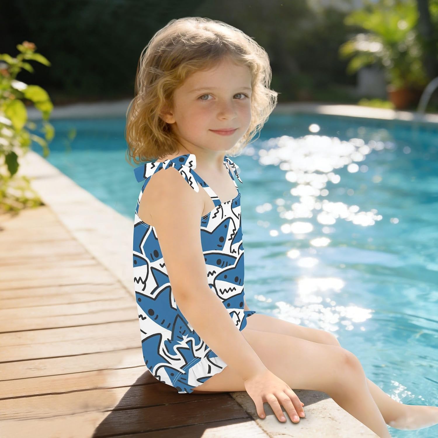 visesunny Toddler Girl Swimsuit Adjustable Strap Swimwear Blue White Shark Cute Design Bathing Suits for Girls 18M-6Y