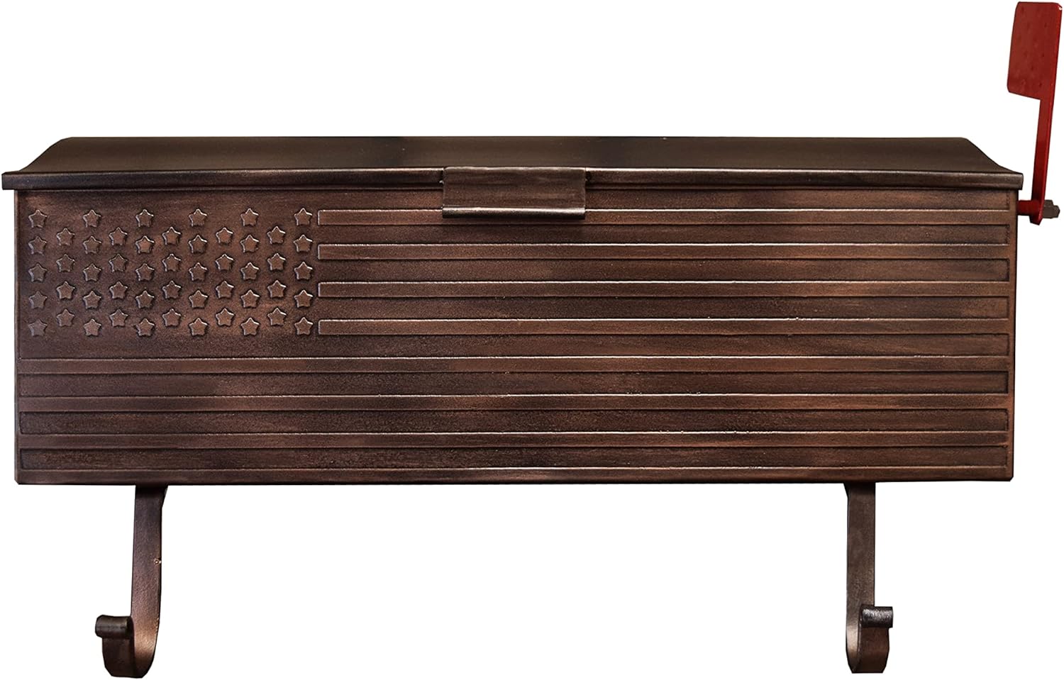 Antique Bronze Patriotic Metal Wall Mounted Mailbox with Outgoing Mail Flag and Newspaper Hangers