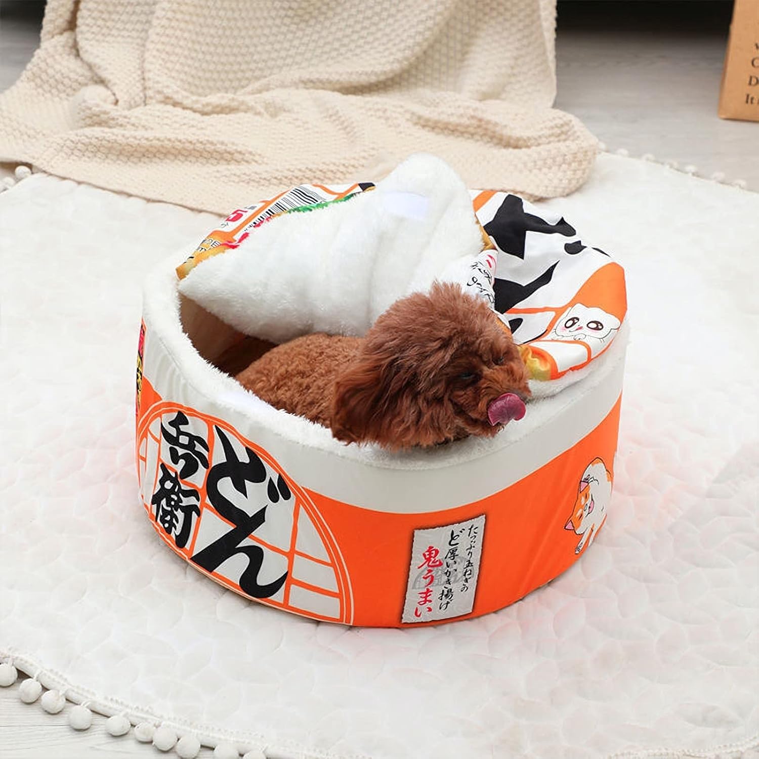 review Ramen Cat Bed Dog Bed Instant Noodle Shape Pet Sofa Keep Warm and Super Soft Creative Pet Nest Detachable Multifunctional Soft Pet Bed Suitable for Small Cats and Dogs (Medium, Orange)