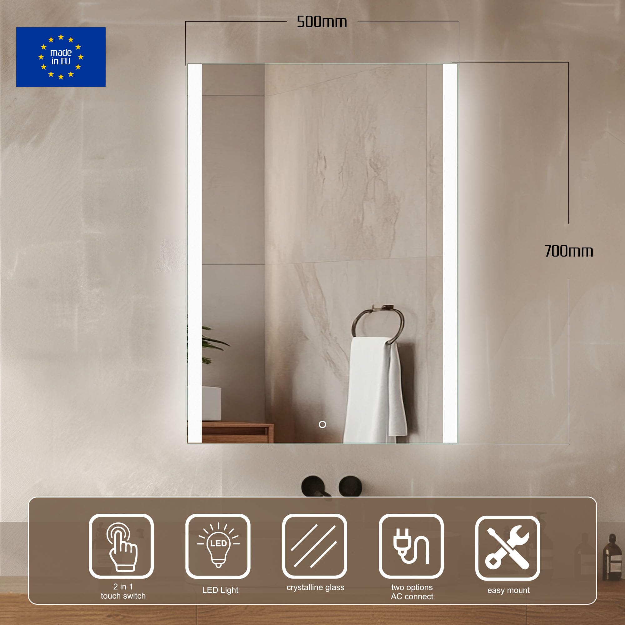 Venti Espejo Baño LED 50 × 70 cm, Iluminación Lateral | Espejo LED de Pared, Espejo Baño con Luz, Interruptor Táctil, Luz Blanca Neutra, Diseño Moderno