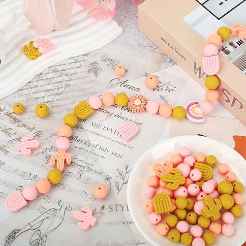 Miniatura 7 de AnyDesign 92 cuentas de silicona bohemias con cuerda bohemia con forma de cactus arco iris, cuentas espaciadoras redondas sueltas de silicona