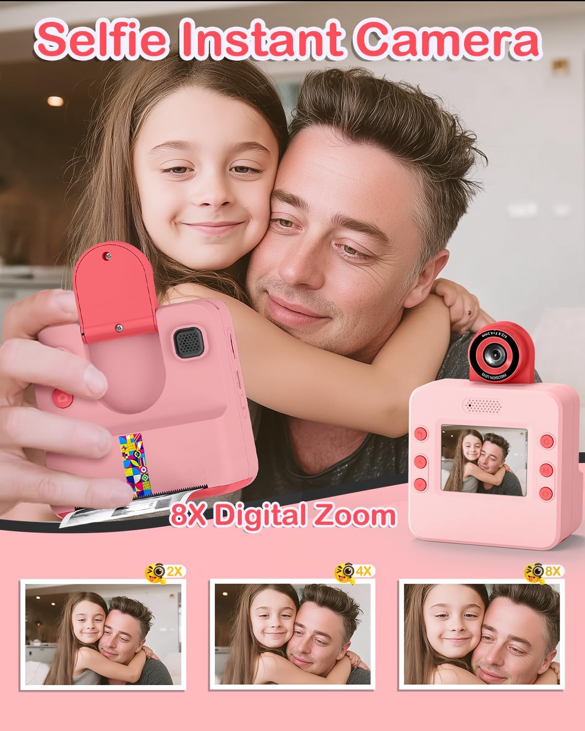 Nreonrick Kids Camera Instant Print, Selfie Digital Instant Cameras, Reversible Lens Mini Toddler Camera with 3 Roll Paper Toys for Boys Girls Age 3-12 in Halloween Christmas Birthday 32GB Card Pink - Image 2