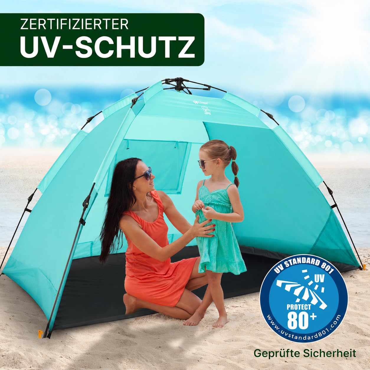 EXPLORER XXL Automatik Strandmuschel UV Schutz 80+ 220x150x130cm Strandzelt Sonnenschutz Mint