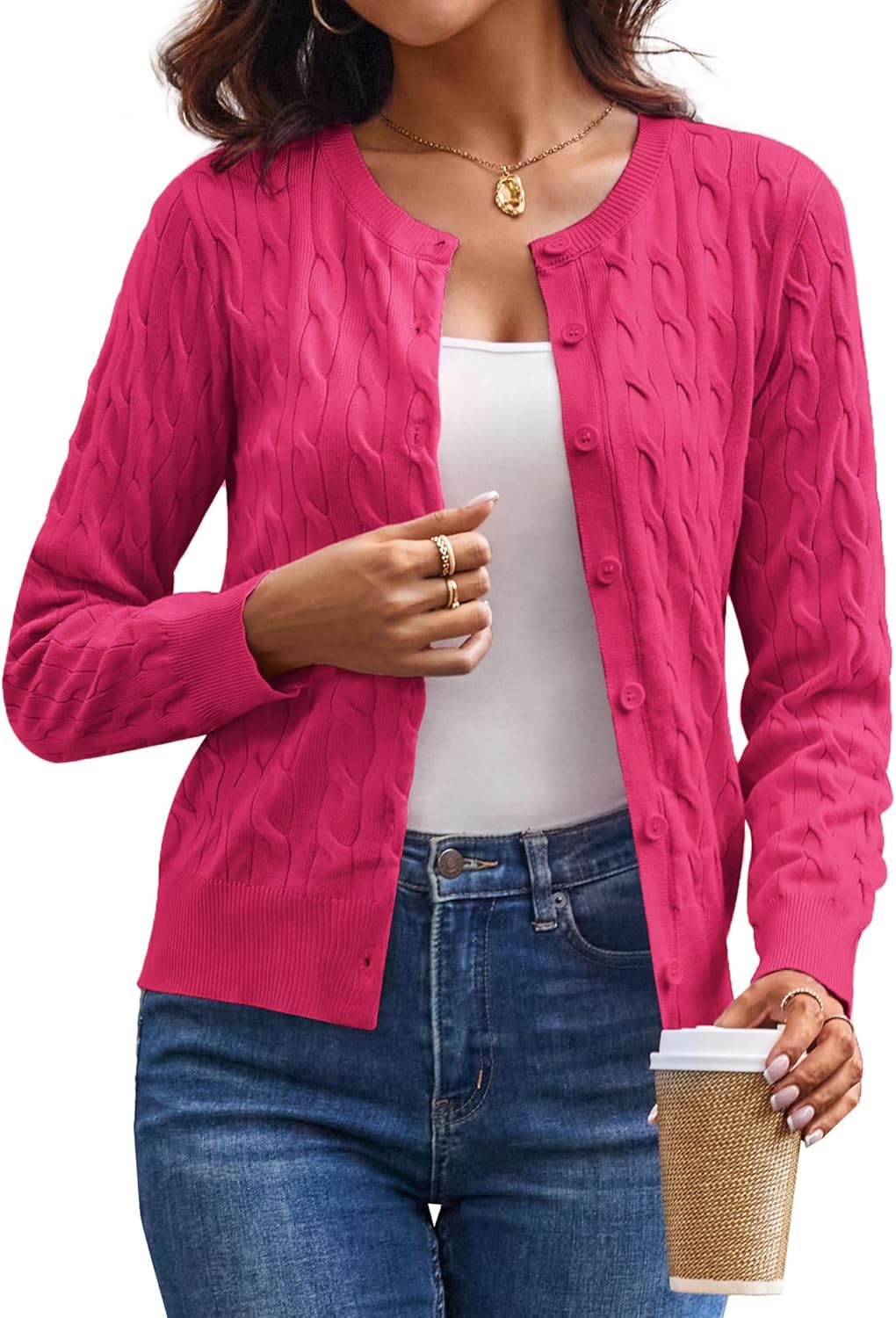 GRACE KARIN Womens Long Sleeve Button Up Cable Knit Cardigan Lightweight 2026 Crewneck Button Down Sweaters for Women