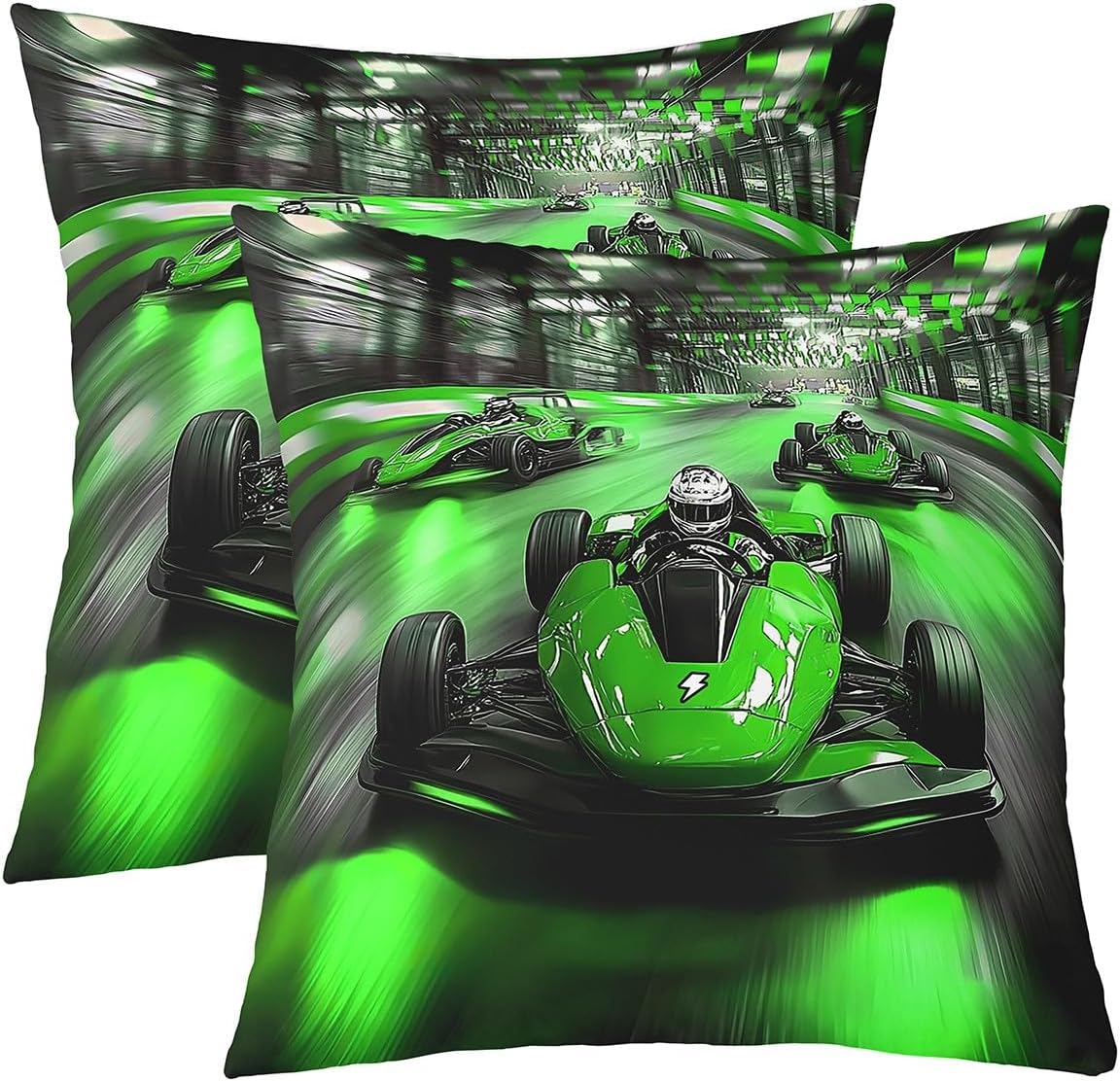 Green Race Car Throw Pillow Cover Pack of 2,Sport Cars Pillowcases for Kids Boys Teens,Extreme Sport Gaming Cushion Cover Cool Modern Living Room Sofa Bed Decor,16" Lx16 W