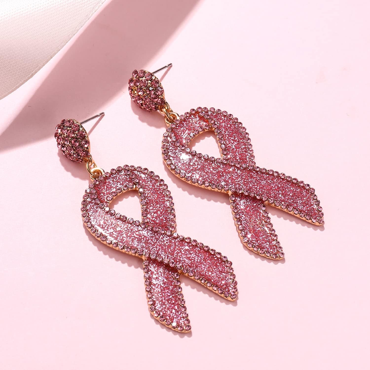 Glitter Rhinestone Pink Ribbon Drop Earrings Beaded Breast Cancer Awareness Earrings Jewelry for Women Breast Cancer Survivor Support Jewelry Gifts - Image 2