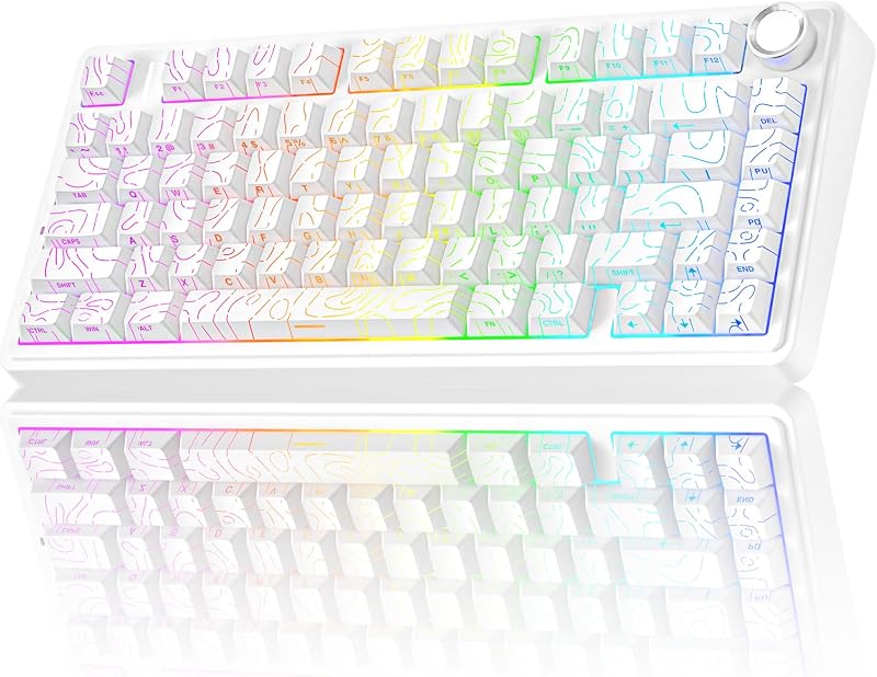 Teclado mecánico inalámbrico AULA F75 Pro con perilla, teclados para juegos personalizados intercambiables en caliente al 75%, retroiluminación RGB,interruptores prelubricados, teclas PBT impresas lateralmente, teclado de computadora con sonido cremoso, línea blanca