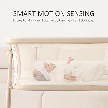 ANGELBLISS Electric Baby Bassinet Bedside Sleeper with Auto Rocking, Remote/Touch Control, 3 Timer Modes, 12 Sounds, 6 Heights, Storage & Wheels (Beige)