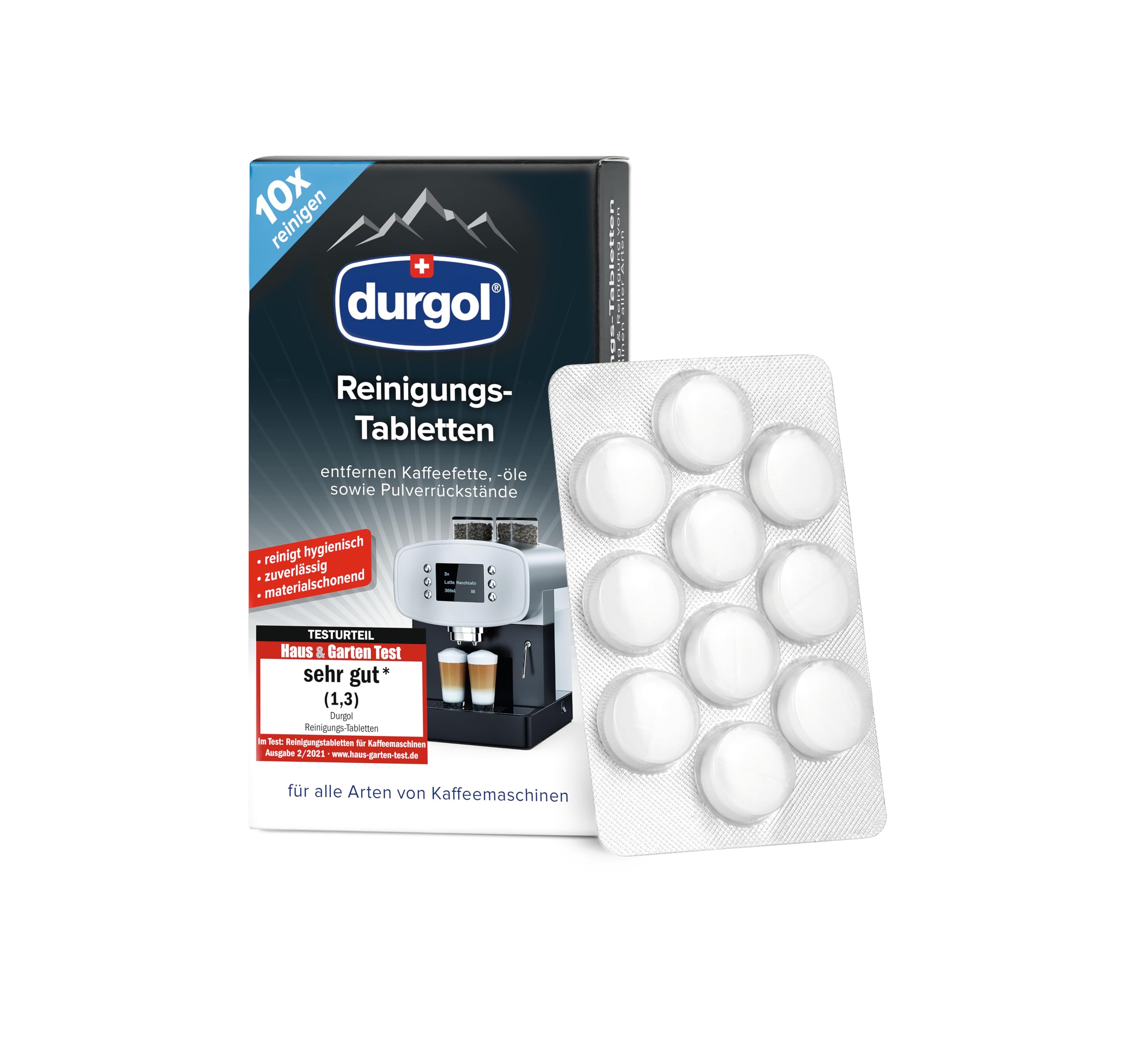 durgol Reinigungs-Tabletten – Reinigt, schützt und pflegt Kaffeemaschinen aller Typen und Marken – Biologisch abbaubar – Deutsche Version – 1 x 10 Tabletten