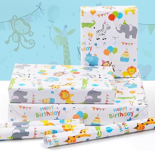 Miniatura 3 de Papel de regalo de cumpleaños para niños, bebés, niñas, niños, 6 hojas de mono, león, elefante, jirafa, cocodrilo, cebra, animales, diseño de
