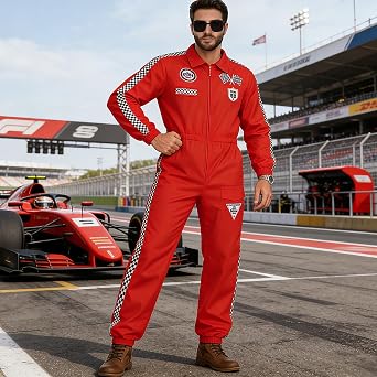 Racing Driver Costume for Men Women, Adults Jumpsuit with Sunglasses for Carnival Halloween Fancy Dress Parties Outfit