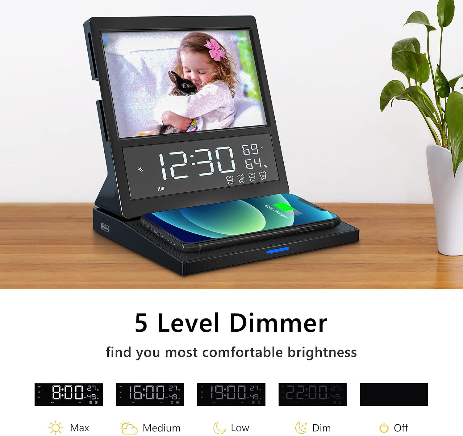 Black Friday 🔥 Digital Alarm Clock FM Radio,15W Wireless Charger Station for iPhone/Samsung Galaxy,5 Level Dimmer,10 Wake Up Sounds,Bedside Night Light,Photo Frame,Temperature Humidity Calendar,LED Clock for Bedroom