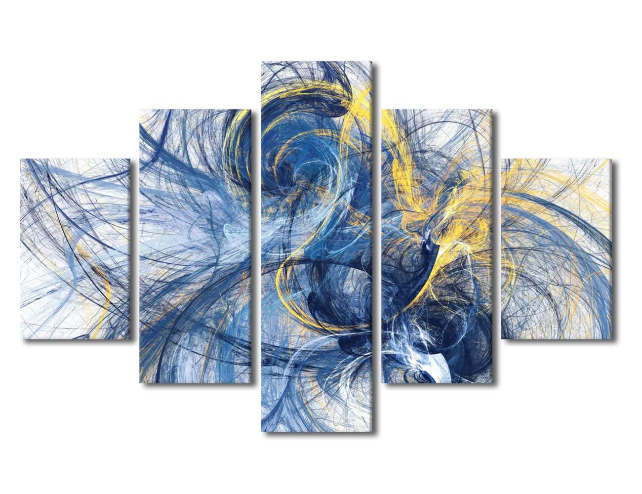 TISHIRON Art Wall Decor Abstract Blue and Yellow Color Artistic Pattern for Living Room Wall Paintings Dynamic Wall Art 5 Panel Canvas Wall Art Home Decor Framed Ready to Hang (60" Wx40 H) — image 1