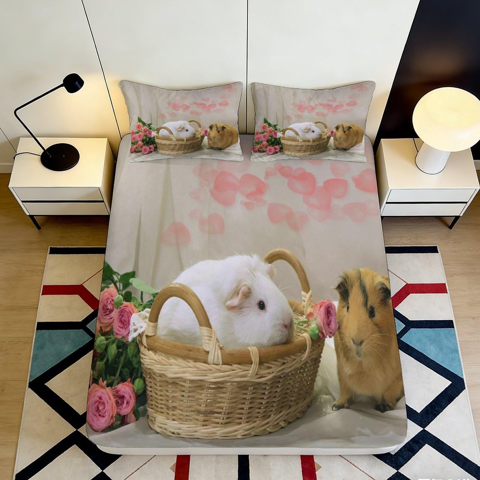 3D Printed Guinea Pig Floral Fitted Sheet Microfiber Soft Non-Slip Mattress Cover for Bedroom Dorm Easy Care 120x200x25cm
