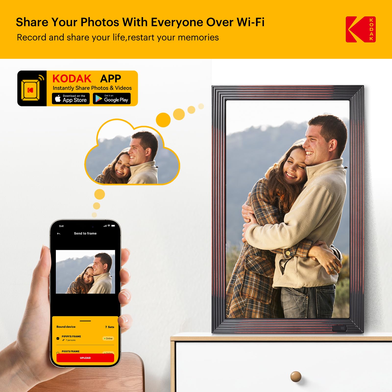 KODAK Cadre Photo Numérique Connecté WiFi, Cadre Numerique Photo Grand Format, 21.5 Pouces FHD IPS Écran, 32Go Mémoire, Partagez des Photos/Vidéos via App, Rotation Automatique, Détecteur de Mouvement