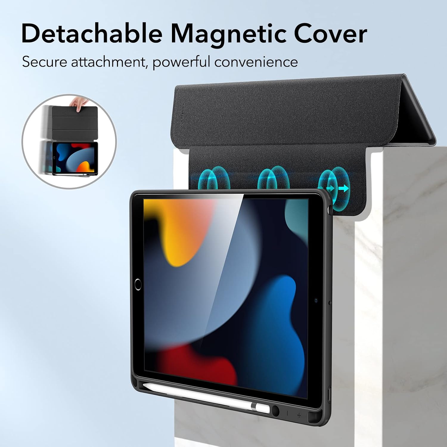 ESR Hybrid Case Compatible with iPad 9th Generation 2021, 8th Generation 2020, 7th Generation 2019, 10.2 inch, Pencil Holder, Magnetic Detachable Cover, Trifold Stand, Rebound Series, Black