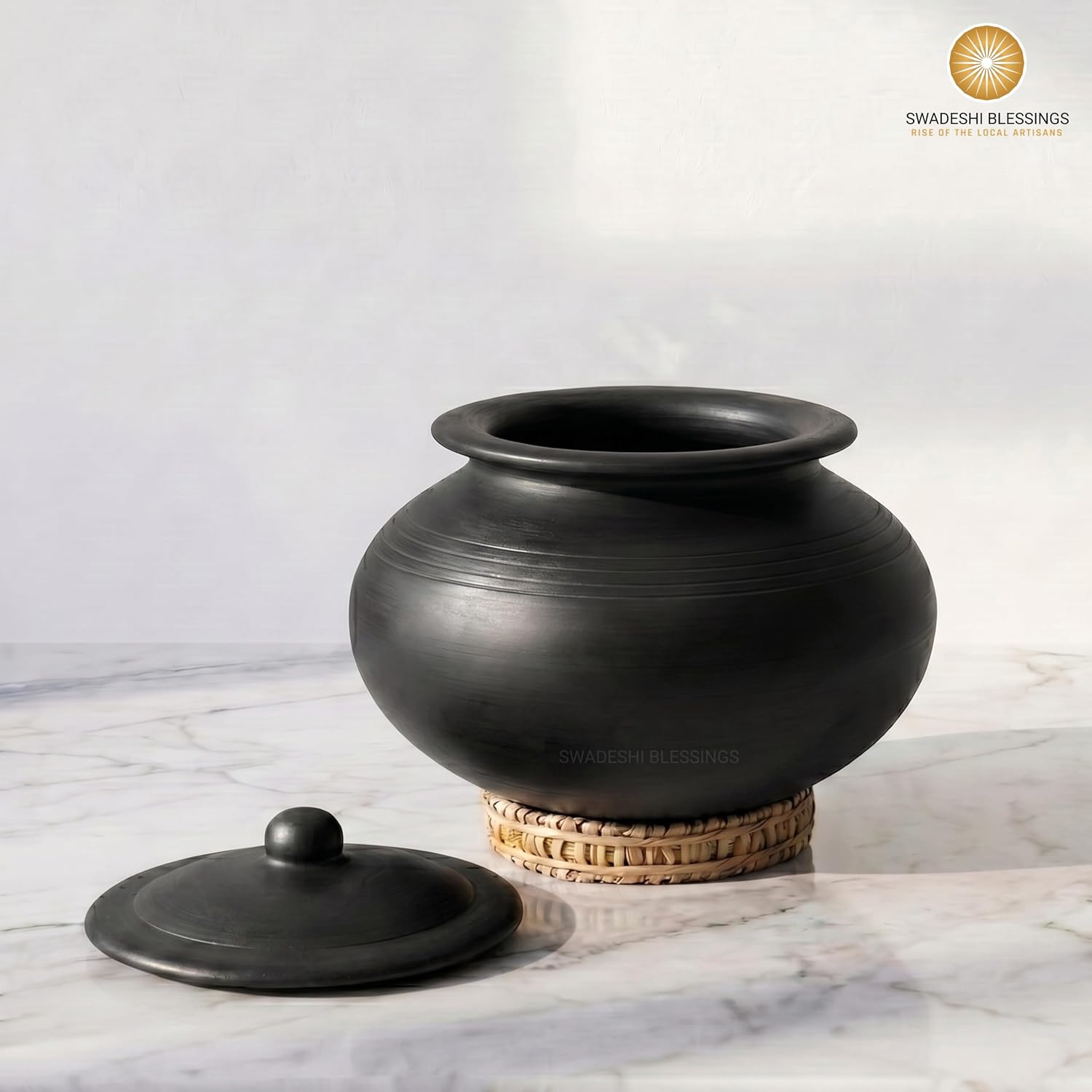 Swadeshi Blessings HandMade Unglazed Clay Pot for Cooking with Lid, 4Liters | Chemical-Free, Multi-Use Clay Cookware, Mud Handi, Mitti Ke Bartan, Biryani Pot, Earthen Kadai, Free Cleanser&Palm Leaf Stand