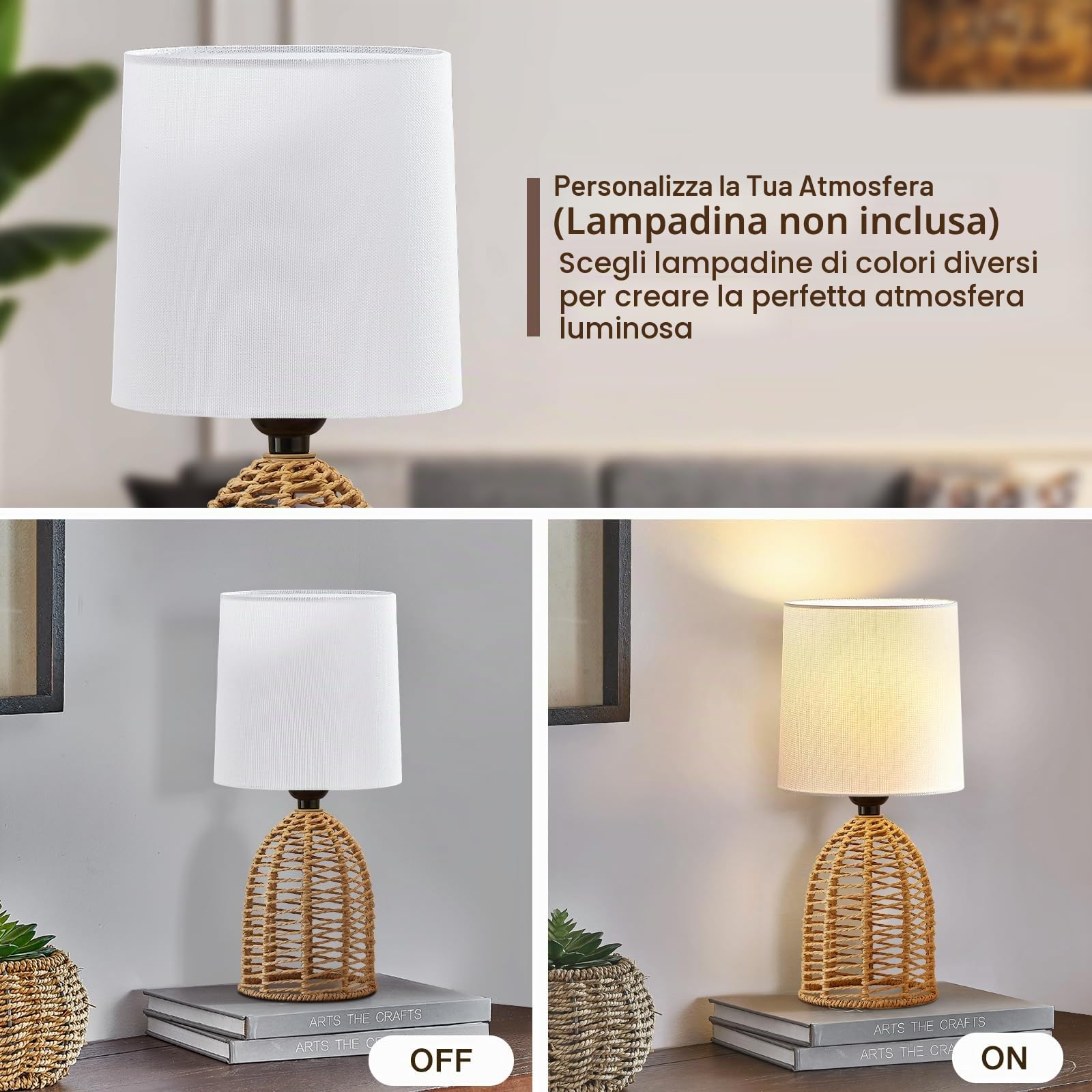 GyroVu Set di 2 lampade da comodino, in rattan, stile boho, attacco E27, piccole lampade per camere, camera da letto, comodino, soggiorno, lettura, lampada da tavolo