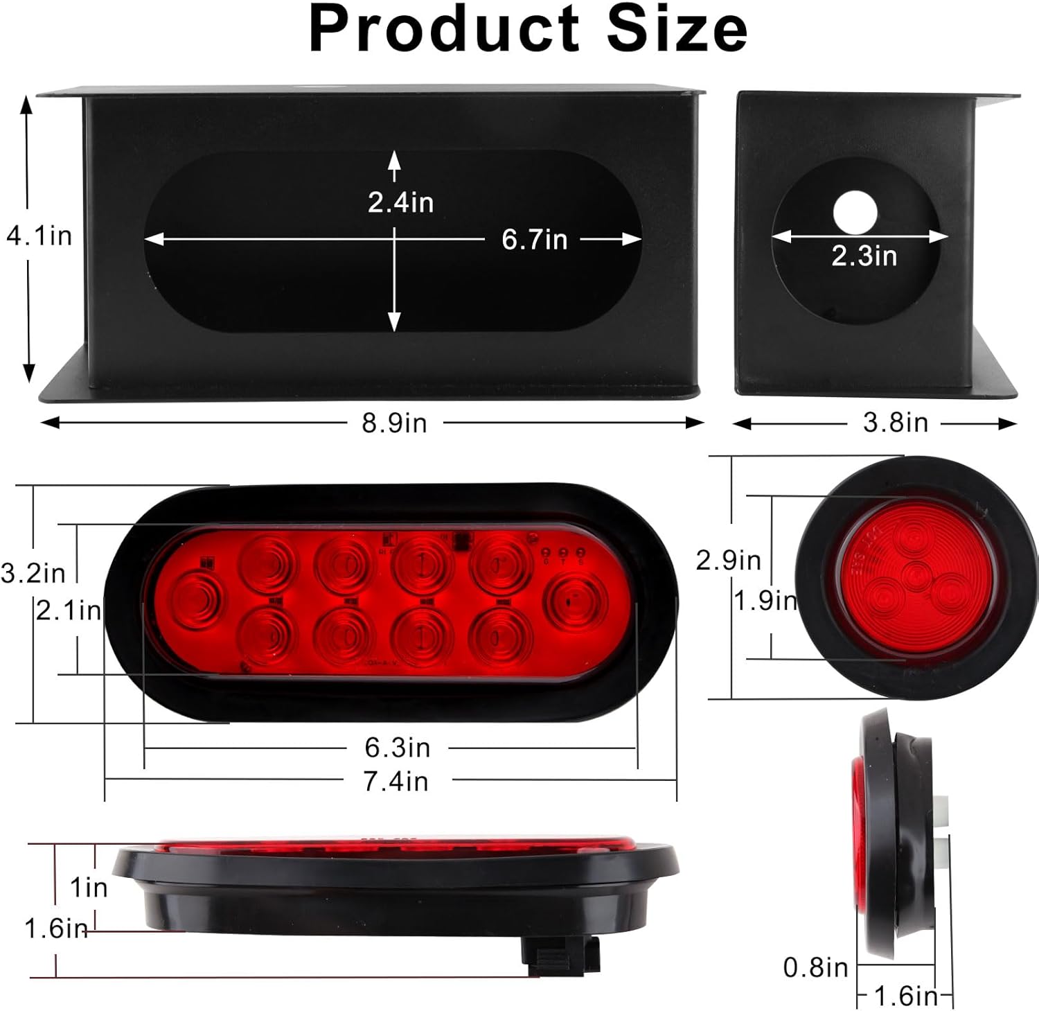 2Pcs Steel Trailer Light Box Housing Kit w/6" Inch Oval Led Trailer Tail Lights Red 10 LED And 2" Inch Round Led Side Markers Clearance Lamps Red 4 Led w/Grommets And Wire Connectors