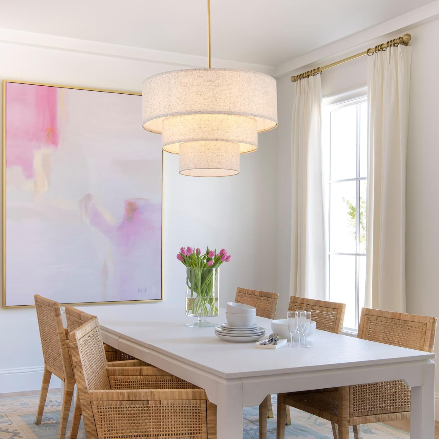 4 Light Modern Durm Chandelier, 3-Layer Hand-Woven Fabric Linen Chandelier for Dining Room Living Room, 23" Gold and White Linen Pendant Light Fixture,E26