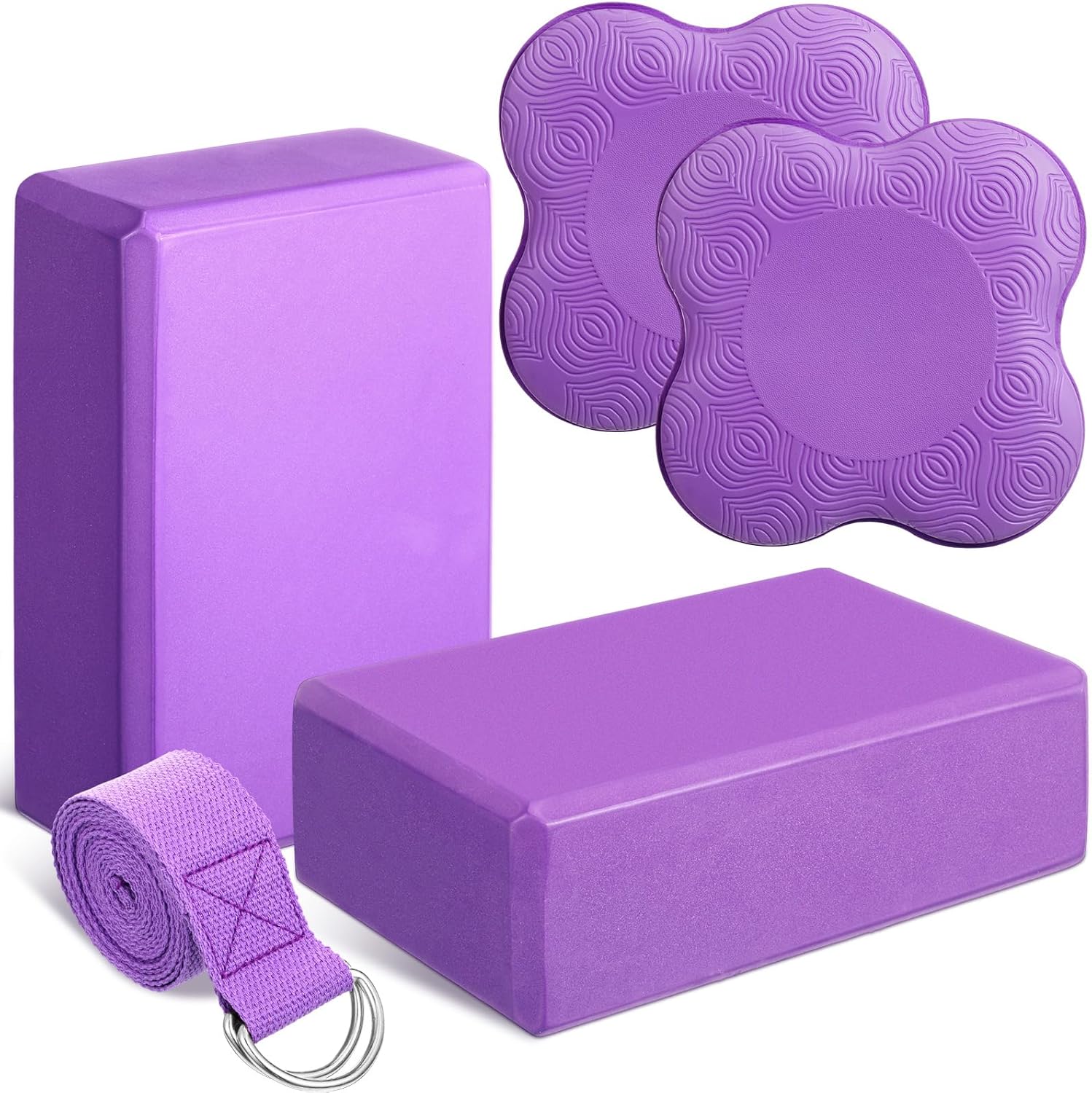 5 Pcs Yoga Blocks Knee Pads Yoga Strap Set Soft Premium Foam Blocks Accessories for Pilates Meditation General Fitness Stability, Kneeling, Balance, Deepen Stretches and Toning