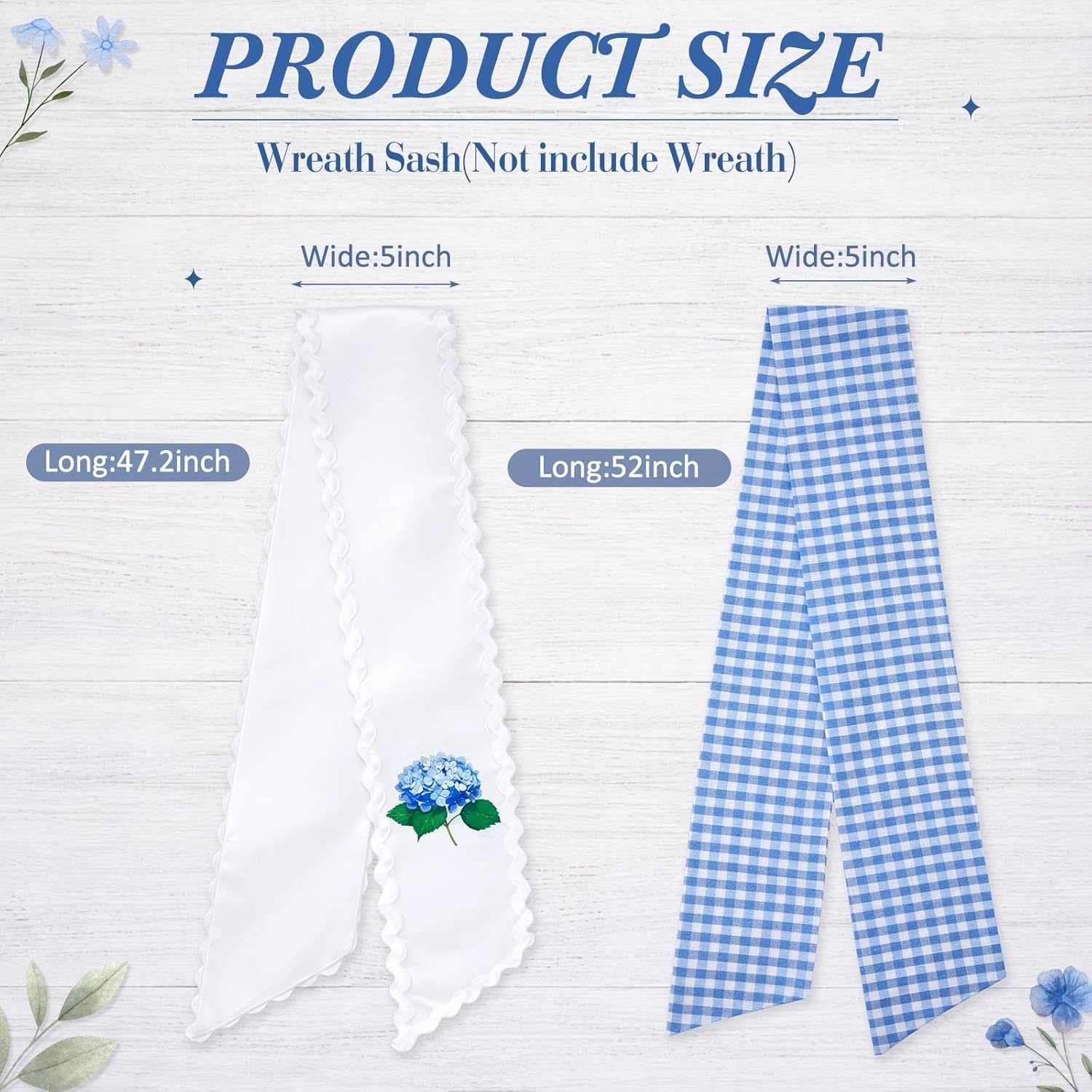 Yinder 2 Pcs Layered Wreath Sash for Front Door, Spring Hydrangea Floral Garland Ribbon for Holiday Wedding Party, RIC Rac Trim White and Blue Gingham Wreath Sash, Home Decor Indoor Outdoor