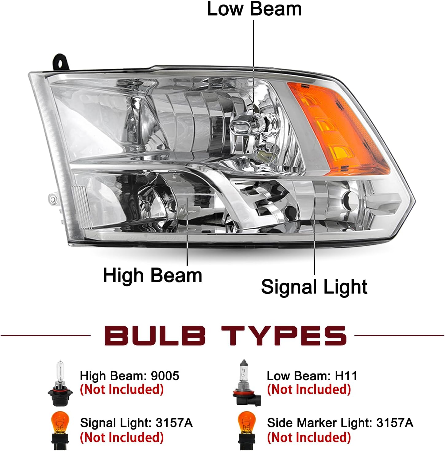 JSBOYAT Headlight Assembly Replacement for 2009-2018 Dodge Ram 1500 Quad 2010-2018 Dodge Ram 2500 3500 Pickup Driver Passenger Side, Only for Quad Models (Chrome Housing with Amber Reflector)