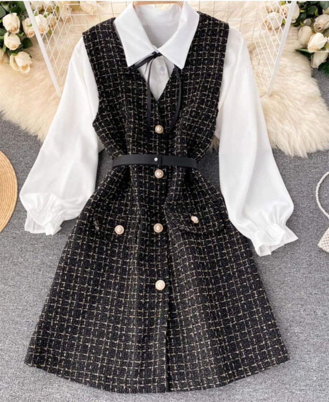 Women's Dress Puff Sleeve Shirt Strap Robe Lace Up Two-Piece Set