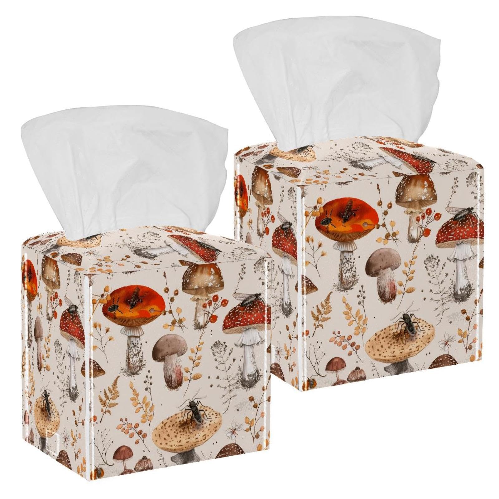 Autumn Mushrooms Tissue Box Cover, 2 Pack PU Leather Square Facial Tissue Dispenser Box holder for Home Office Car