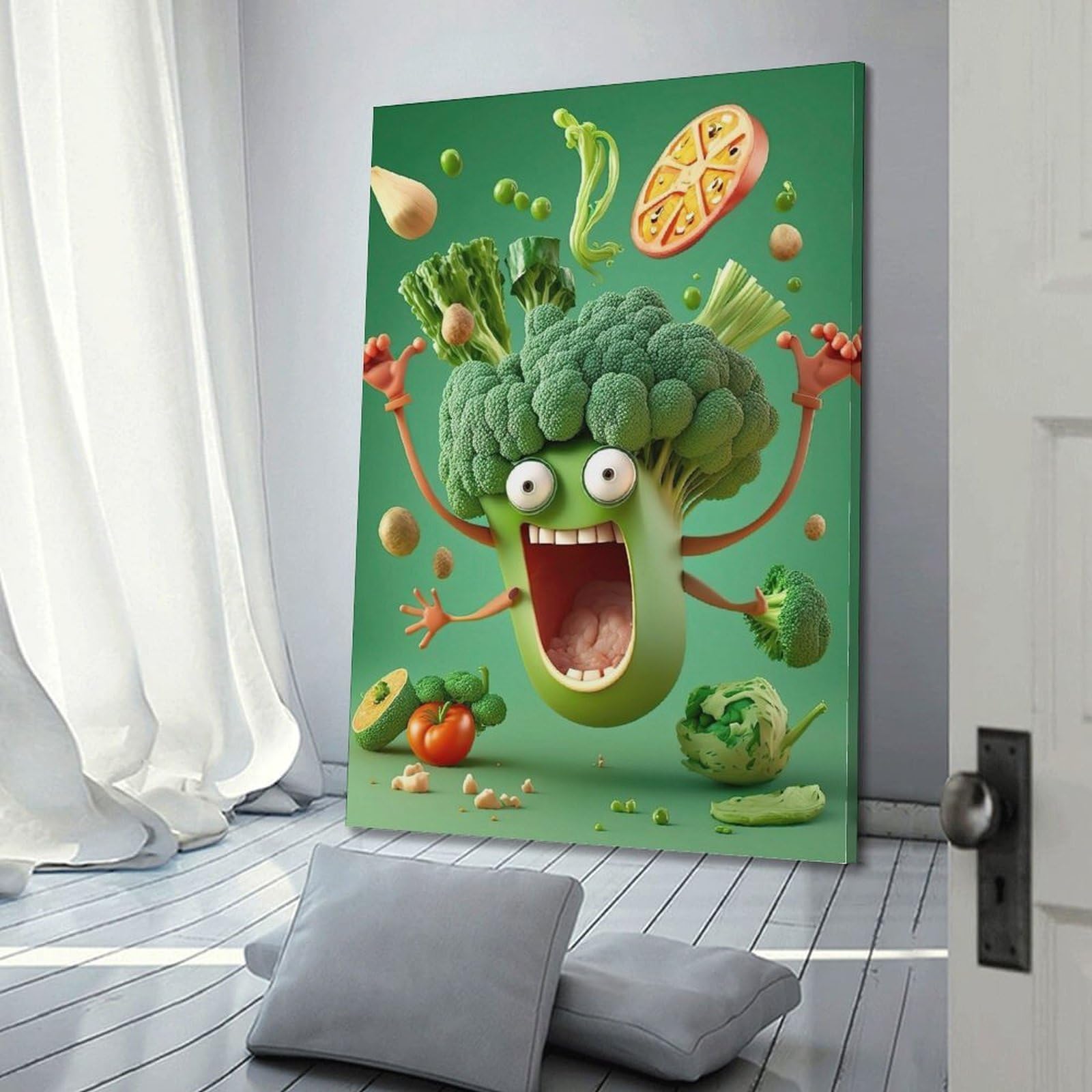 DLJGDS Essen-Poster, Angriff des fröhlichen Brokkoli, dekoratives Gemälde, Leinwand, Wandposter und moderne Familienschlafzimmer-Dekoration, 50 x 75 cm