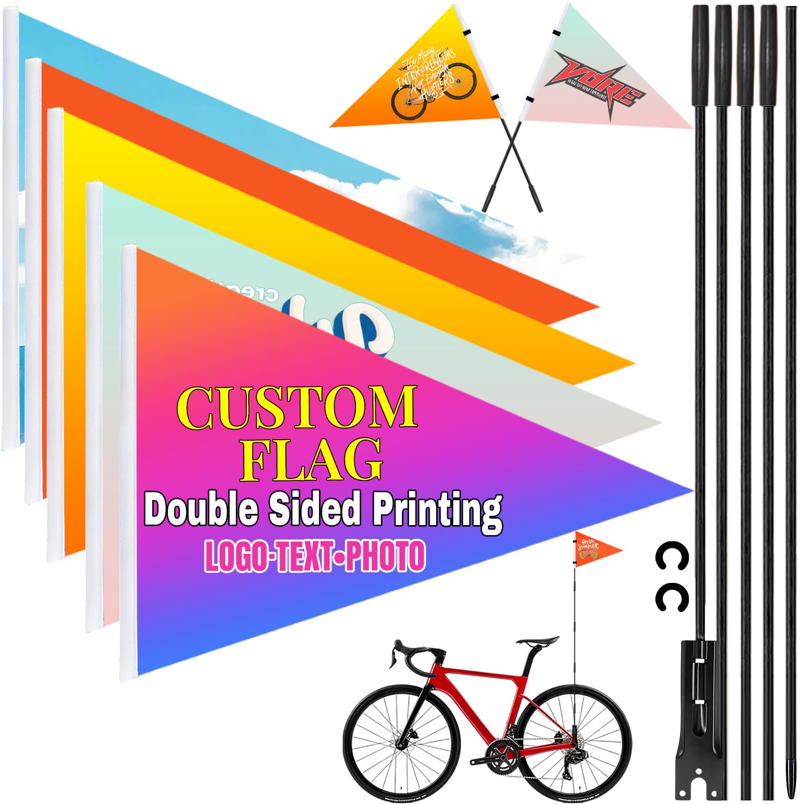 Drapeau de sécurité personnalisé pour vélo avec mât - Mât réglable de 1,80 m, drapeau de sécurité sur mesure pour enfants, vélos et voiturettes de golf (Triangular flag 1)