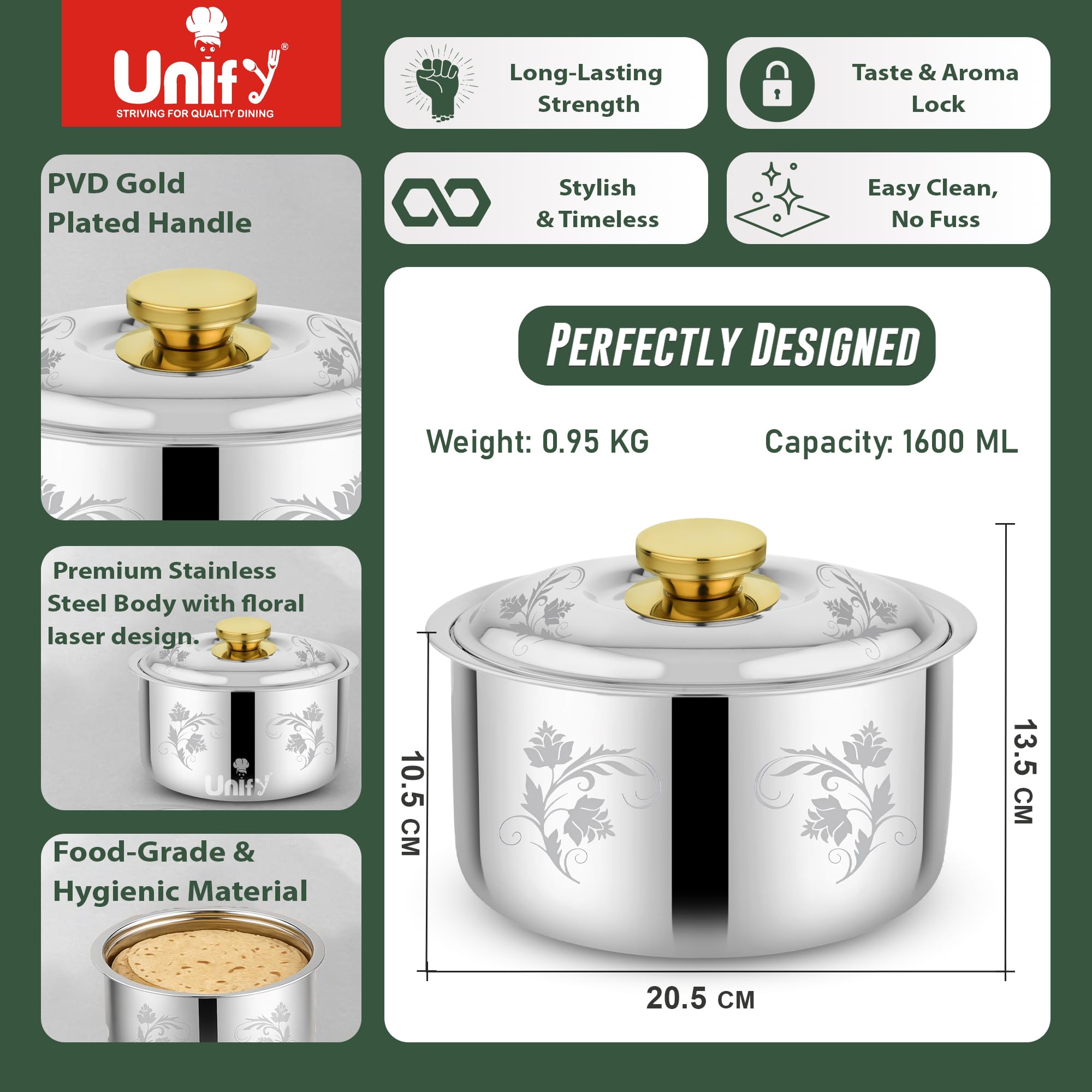 Unify Stelo Stainless Steel Insulated Casserole Hot Pot 1600 ML with Floral Design & PVD Gold Plated Handle | Lasser Finish Roti Server & Chapati Box | Food-Grade BPA Free | Keeps Food Fresh (Silver) 1