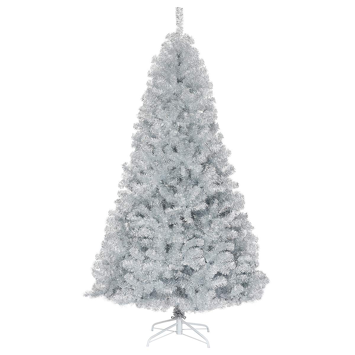 Goplus 7.5ft Unlit Artificial Christmas Tree, Sliver Hinged Spruce Full Tree with Metal Stand, 100% New PVC Material, Xmas Tree for Indoor and Outdoor Decoration