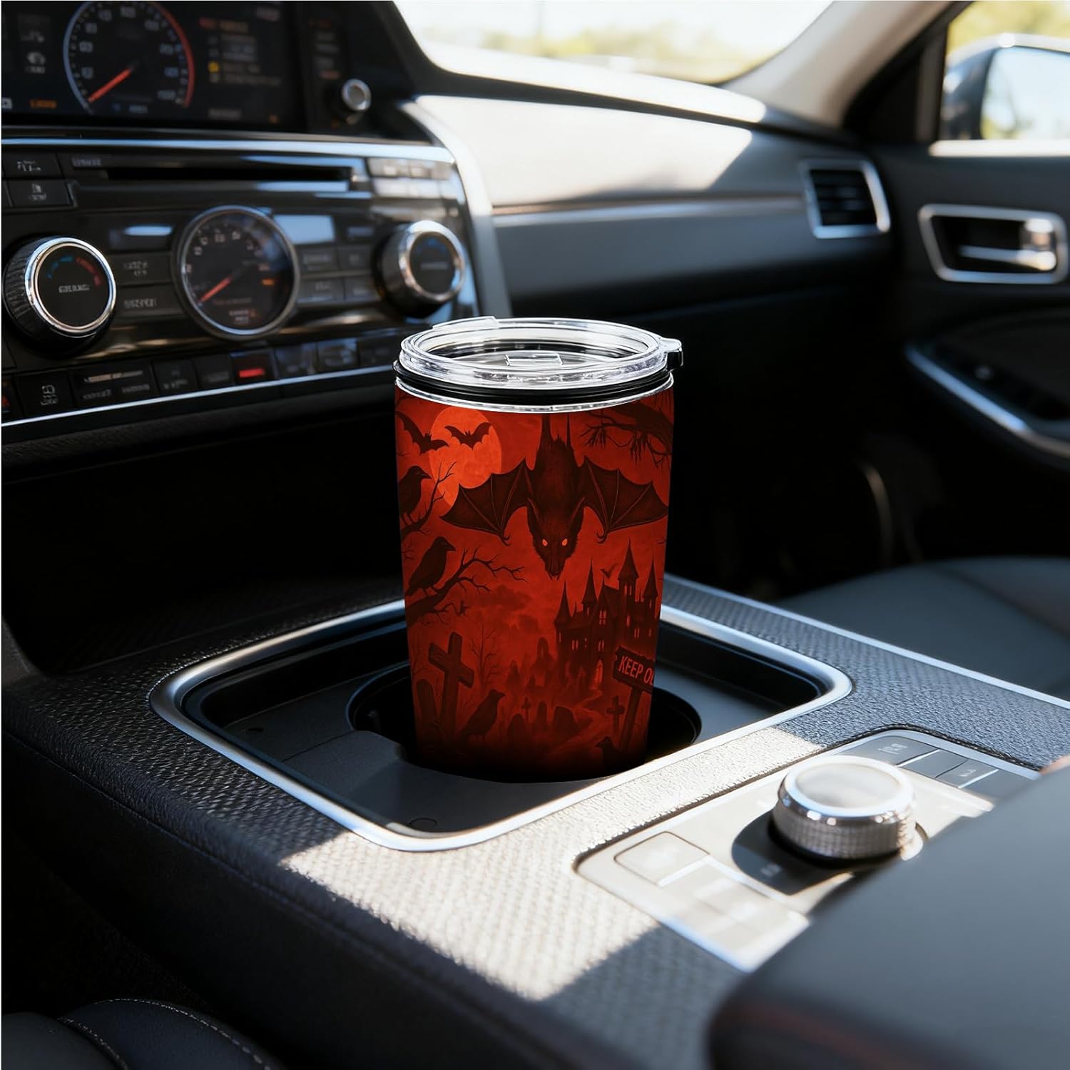 Halloween 20 Oz Tumbler With Straw Lid, Stainless Steel Insulated Travel Mug, Spooky Bats Haunted House Gothic Art, Pumpkin Skull, Car Cup Holder Friendly - Image 3