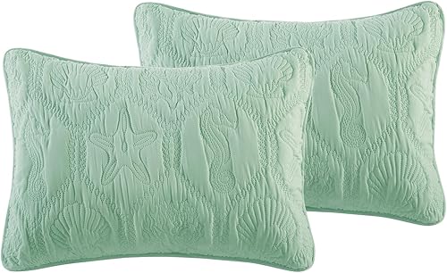 Miniatura 5 de VCNY Home - Juego de colcha de microfibra con diseño costero y de conchas marinas de color verde, acolchado pinsonic, tamaño King, 3 piezas,