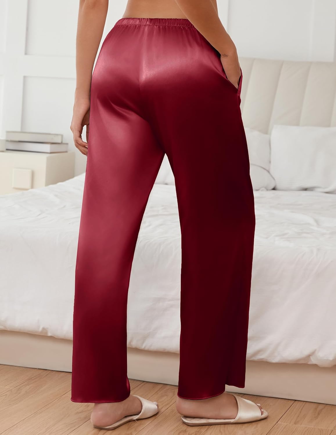 Ekouaer Womens Silk Satin Wide Leg Pajama Sleep Pants Casual Loose Soft Lounge Pants Elastic Waist Pj Bottoms with Pockets - Image 4