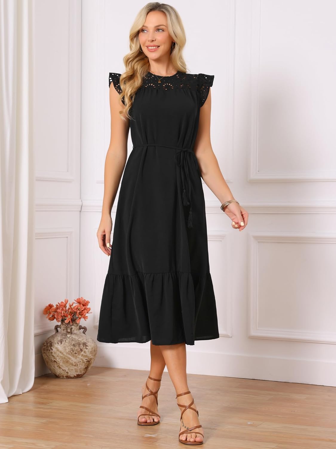 Seta T Women's Eyelet Dress 2026 Flutter Sleeve Crewneck Ruffle Tiered A Line Casual Sundress Flowy Midi Summer Dresses - Image 2