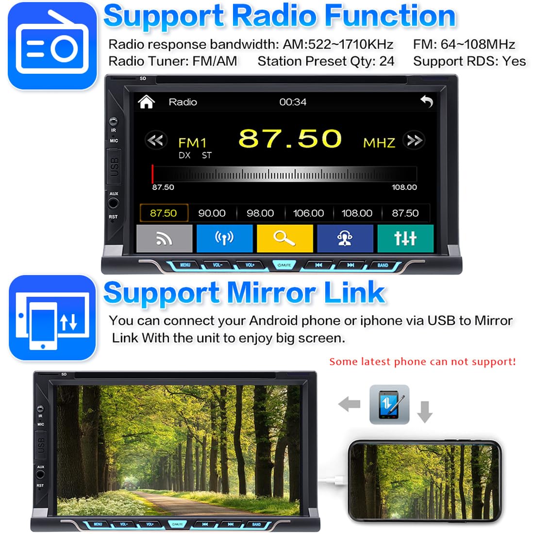 Autoradio Double Din de 7" pour CarPlay sans fil & Android Auto, récepteur lecteur CD/DVD pour voiture avec écran tactile, Bluetooth, caméra de recul, RDS/AM/FM,Mirror Link,Subwoofer,USB/AUX/SWC/DSP