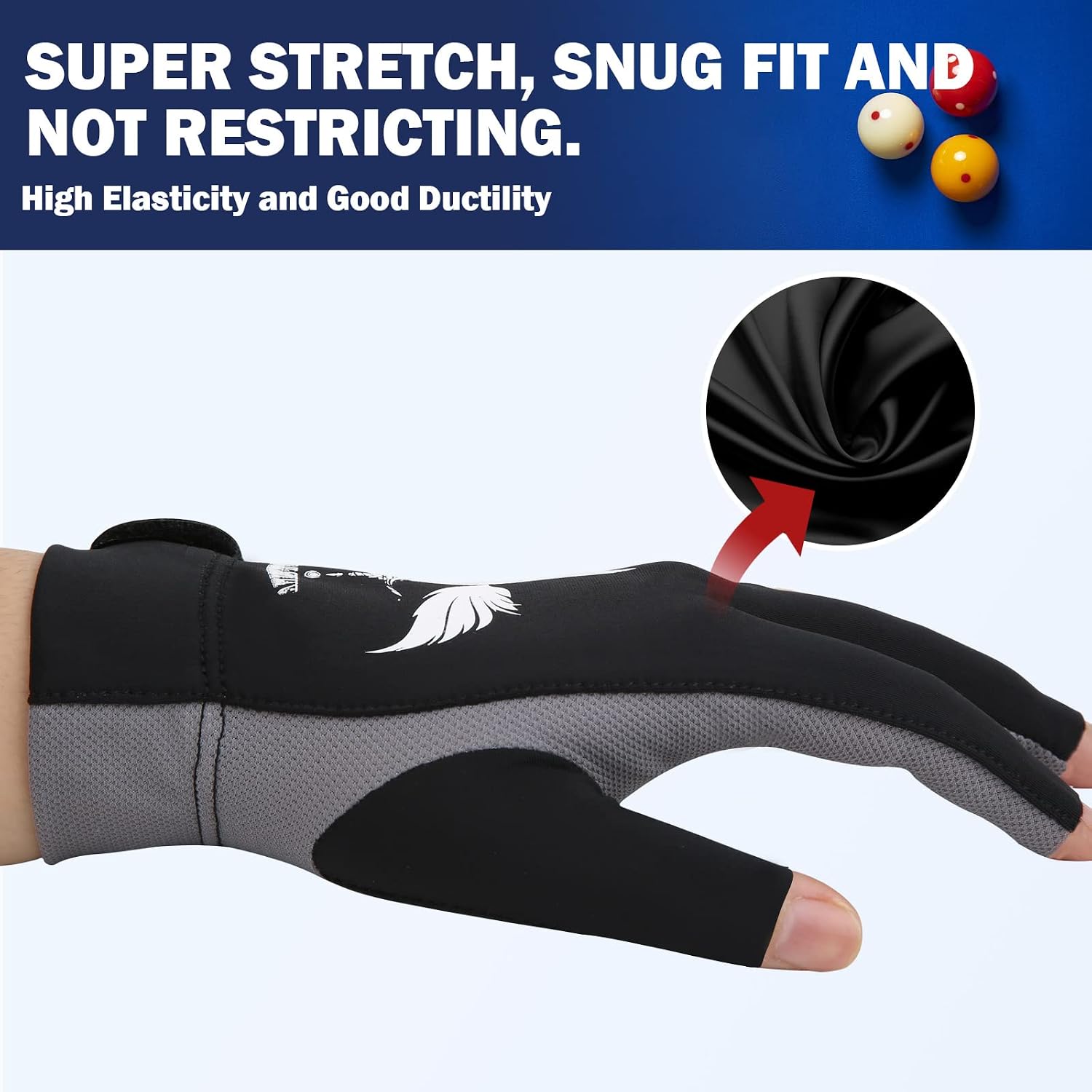 ANIMSWORD Breathable and Comfortable Billiard Pool Gloves Fits on Left Hand or Right Hand 3 Finger for Snooker Cue Sport Glove.