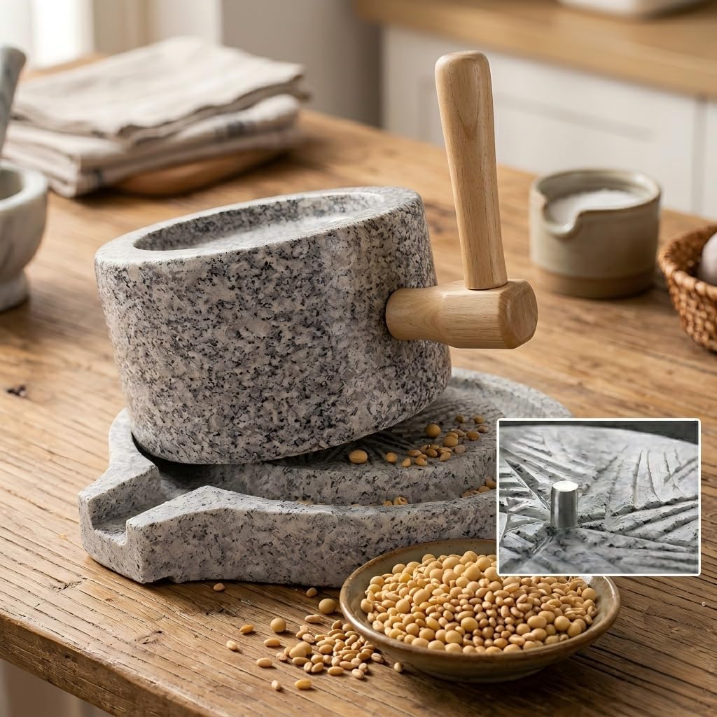 Manual Stone Grain Mill - Natural Granite Flour Grinder with Wooden Stand & Handle - Traditional Hand Crank Millstone for Bread, Tortillas, Spices, Rice Batter, Soy Milk