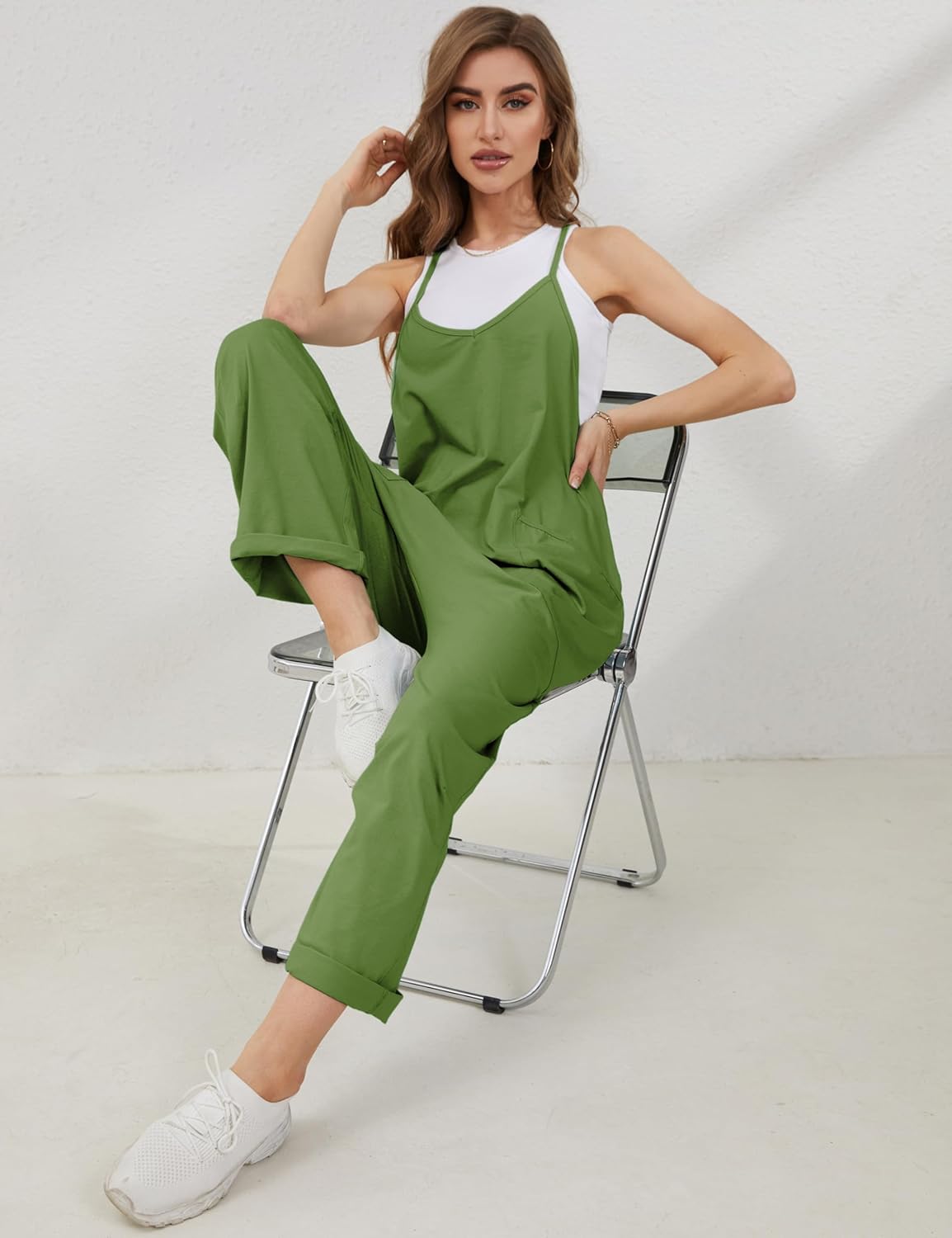 Lentta Women's Causal Jumpsuits V Neck Sleeveless Harem Overalls Stretchy Adjustable Strap Romper with Pockets - Image 6