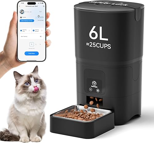 PAPIFEED Comedero automático para gatos, dispensador inteligente WiFi de 6 litros con control de aplicación, configuración asistida por Bluetooth,
