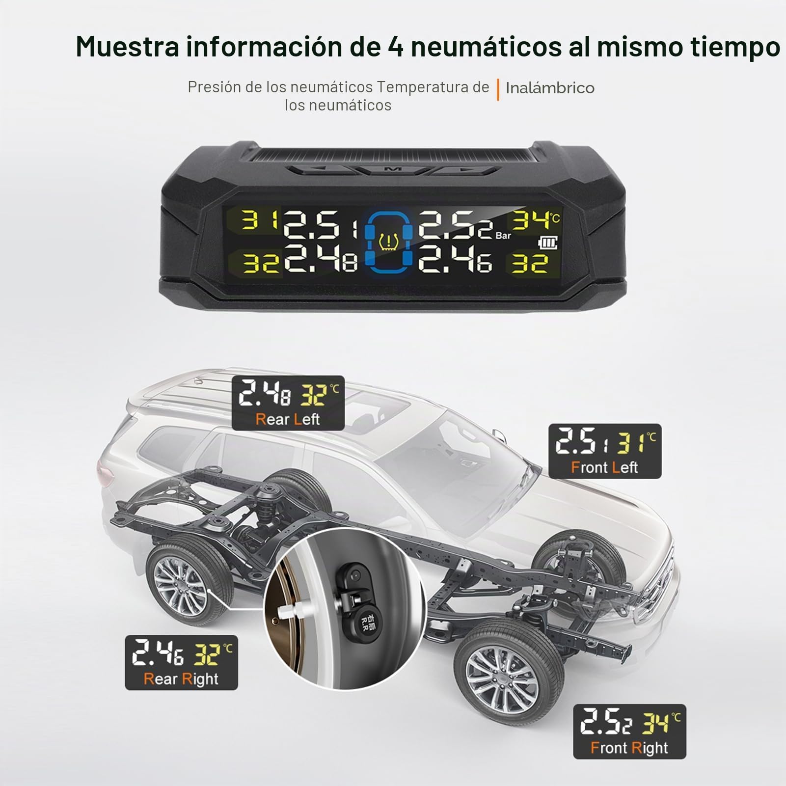 Shkalacar Sistema de Monitoreo de Presión de Neumáticos con Pantalla LCD, 6 Modos de Alarma y 4 Sensores Internos para Coche SUV MPV Sedan