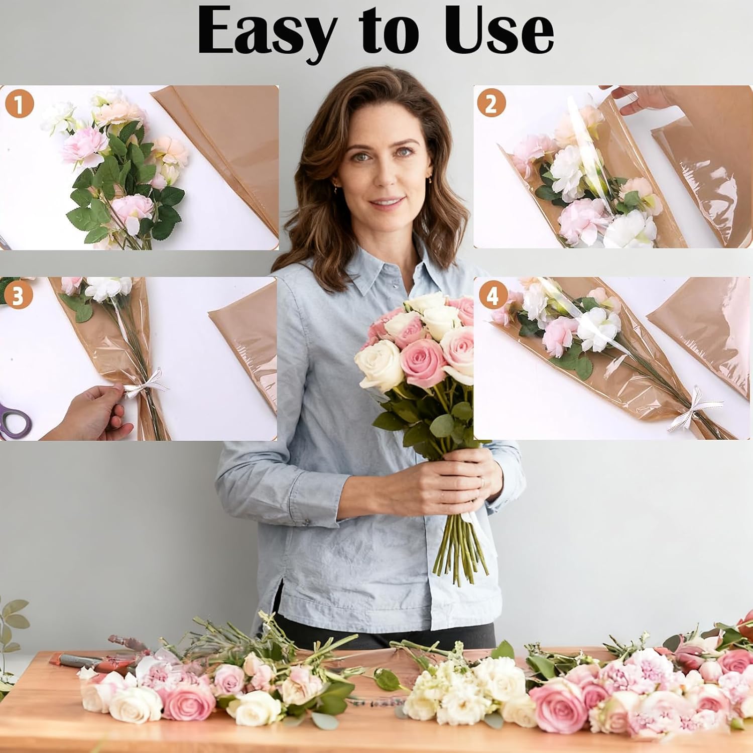 LEFIMOT 50Pcs Flower Bags for Bouquets, Flower Wrapping Paper Kraft Floral Wrap Sleeves with Ribbons for Birthday Wedding Christmas Gift, Florist Wrap Supplies,17.8 * 9.4inch(Brown)