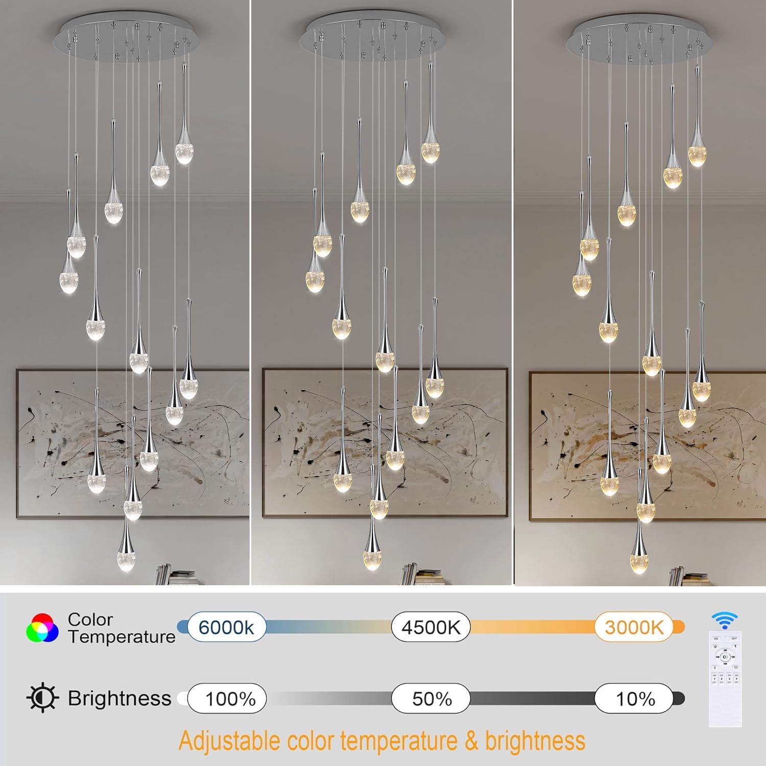 Foyer Crystal Chandelier 12-Lights High Ceiling Large Spiral Raindrop Pendant Lighting,Bubble Staircase Living Room Entryway Hanging Light Fixture Flush Mount W19.7 xH138 Chrome
