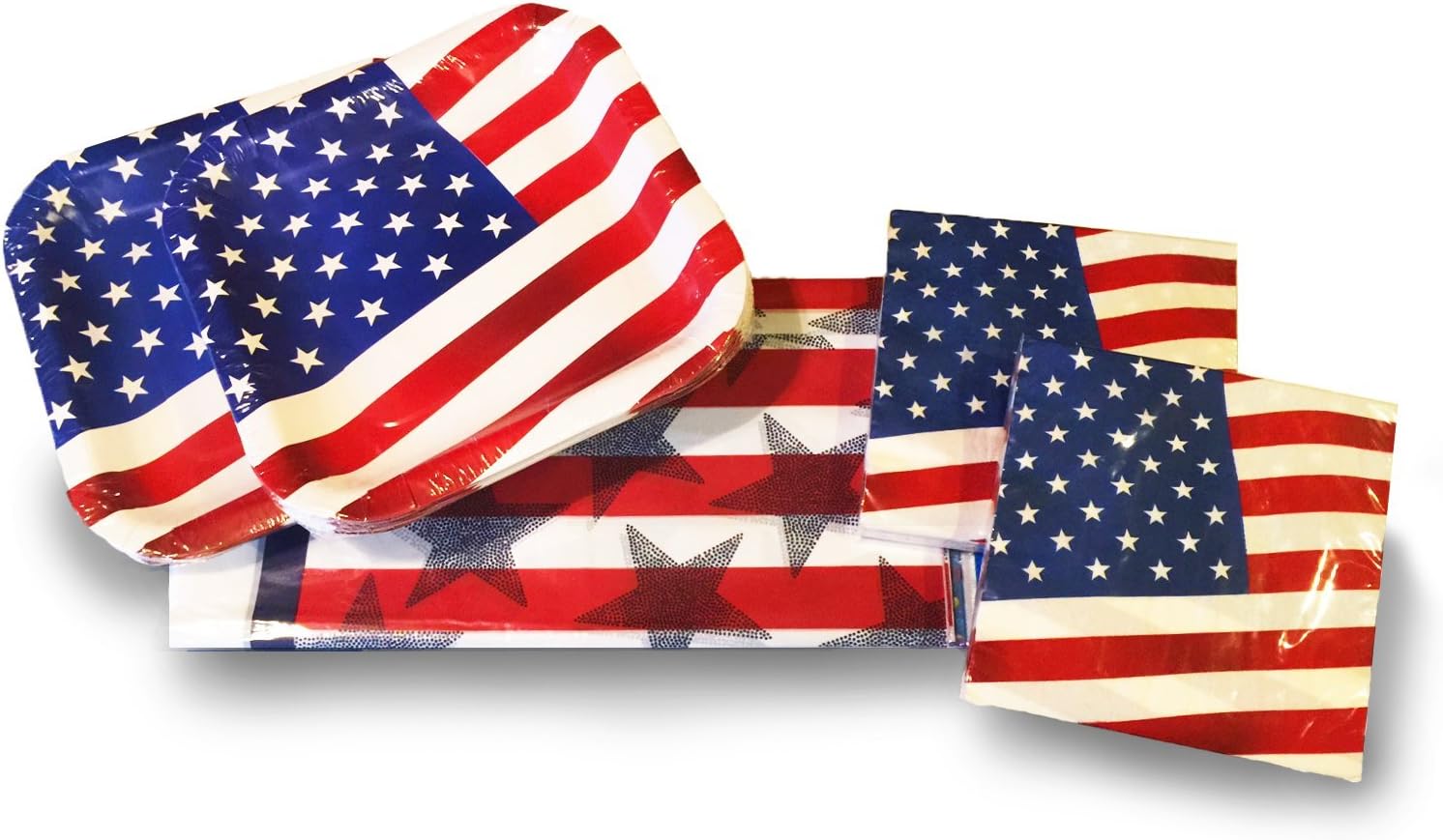4th of July Tablecloth – Fourth Patriotic Napkins Paper Plates - Independence Day Dinnerware - Red White Blue Stripes - Flag Party Supplies For 28