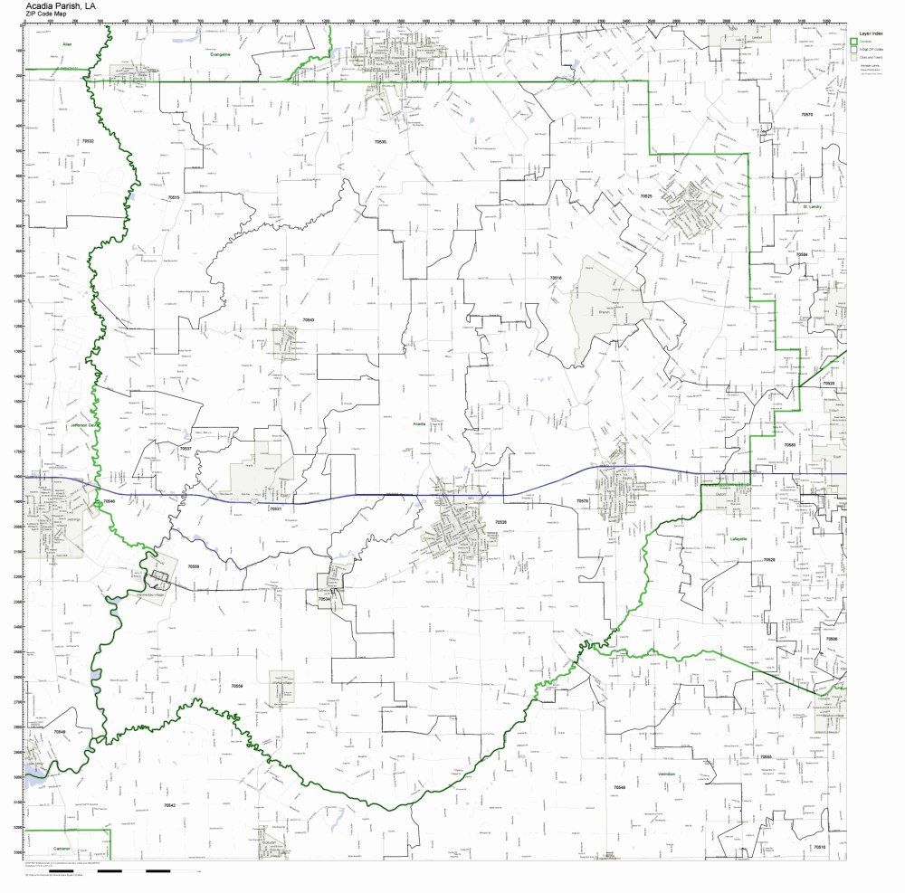 Acadia Parish, Louisiana LA ZIP Code Map Not Laminated