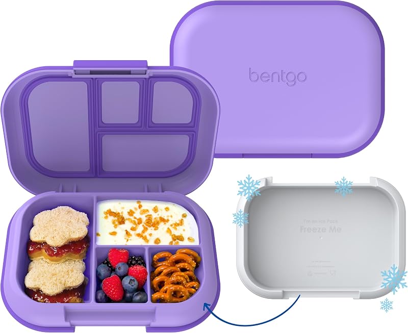 Bentgo Chill Kids Fiambrera Bento Box de 4 compartimentos a prueba de fugas | Bolsa de hielo incorporada, capacidad para 3,3 tazas, sin BPA, bandeja apta para microondas y lavavajillas, ideal para edades de 3 a 7 años (púrpura)